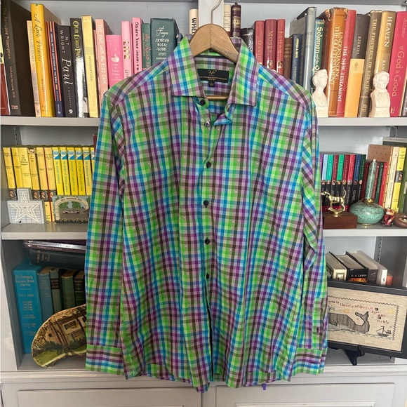Versace 1969 Shirt Mens Large 16.5 Green Purple Plaid Long Sleeve Button Up - Picture 1 of 8
